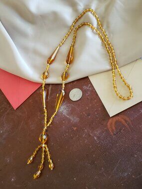 ANTIQUE CZECH FACETED AMBER GLASS FLAPPER NECKLACE LONG AND FUN